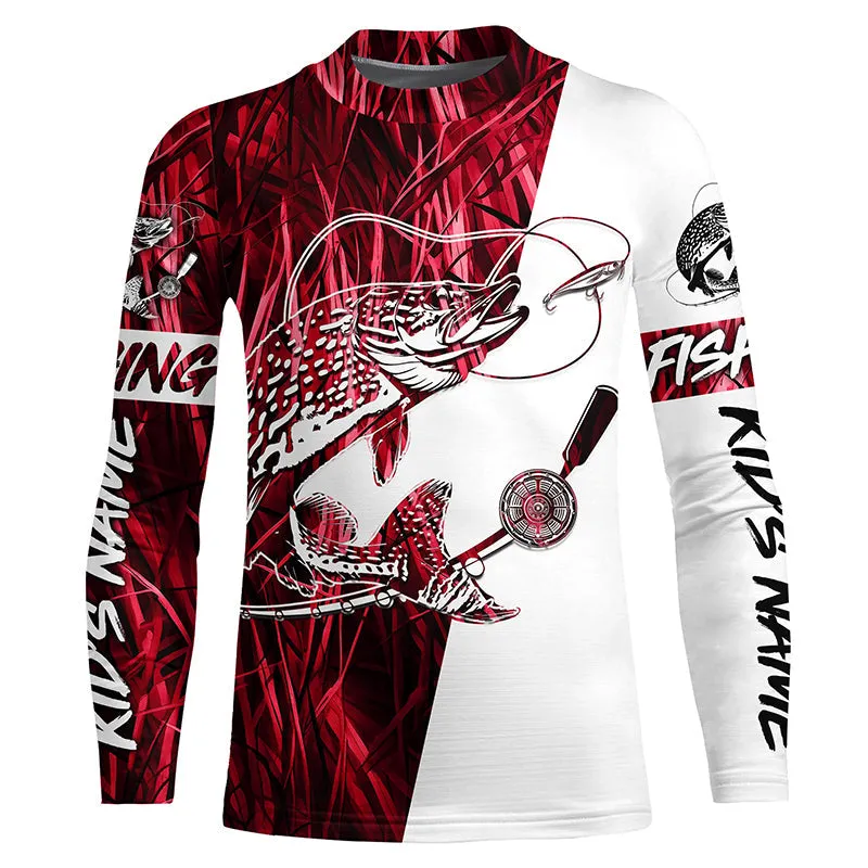Custom Pike Fishing Tattoo Red Grass Camo Long Sleeve Fishing Shirts, Pike Fishing Jerseys IPHW6084