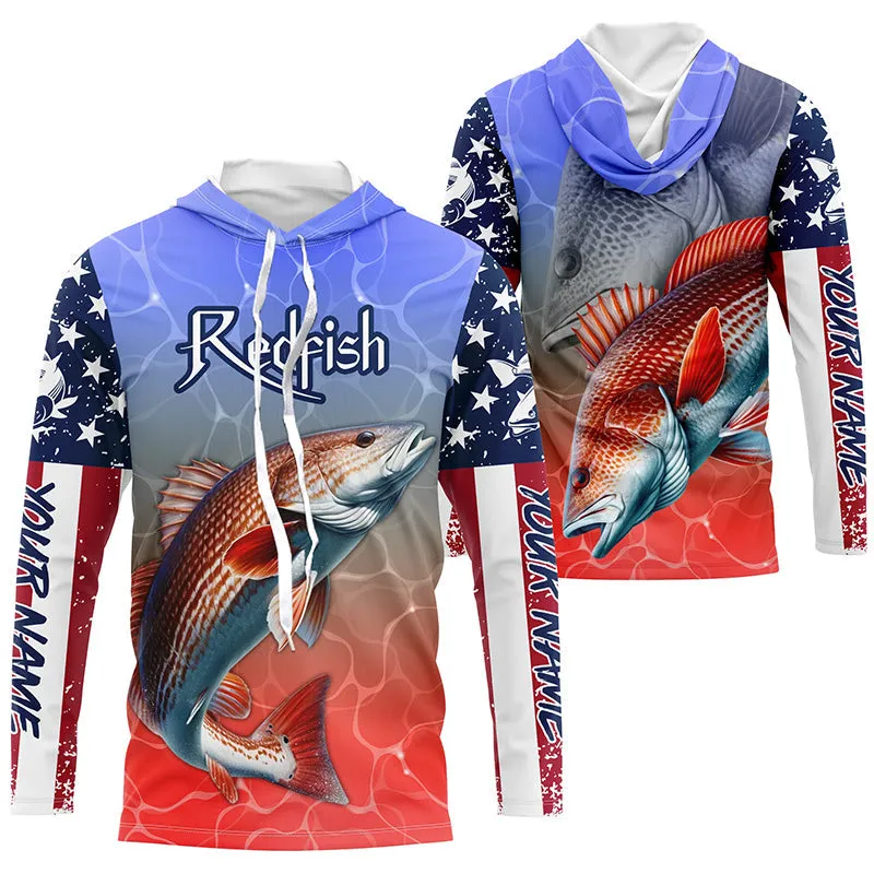 Custom Redfish Puppy Drum American Flag Long Sleeve Fishing Shirts, Patriotic Fishing Gifts IPHW5602