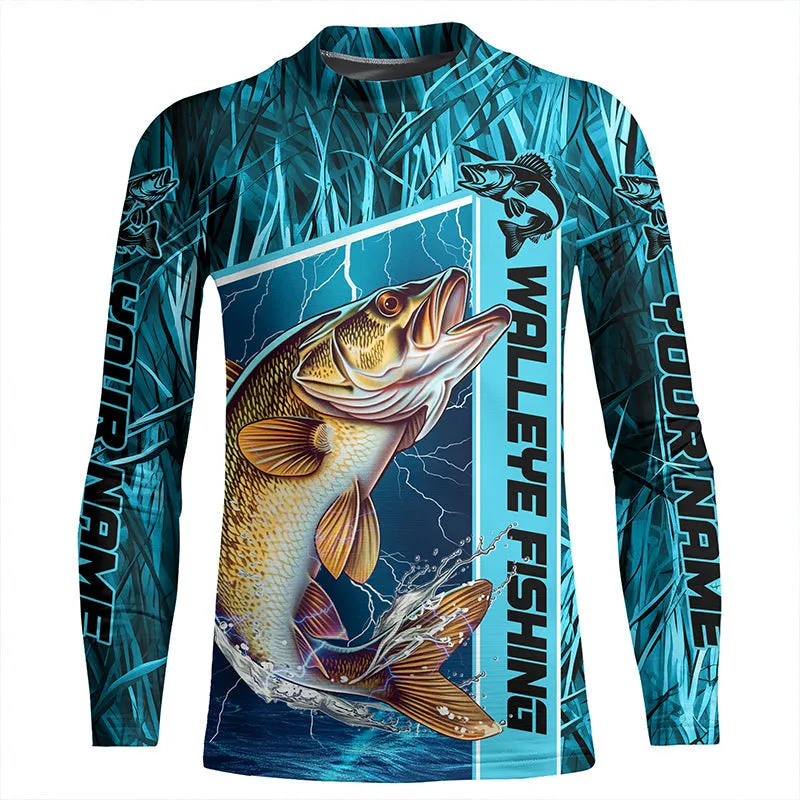 Custom Teal Blue Camo Walleye Long Sleeve Tournament Fishing Shirts, Walleye Fishing Jerseys IPHW5828