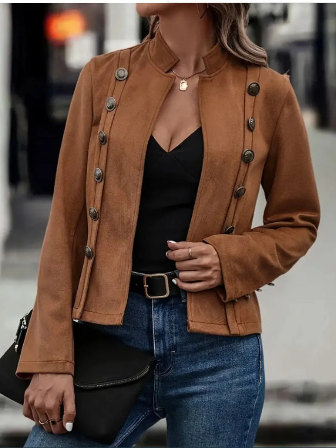 Decorative Button Open Front Long Sleeve Jacket S-2XL