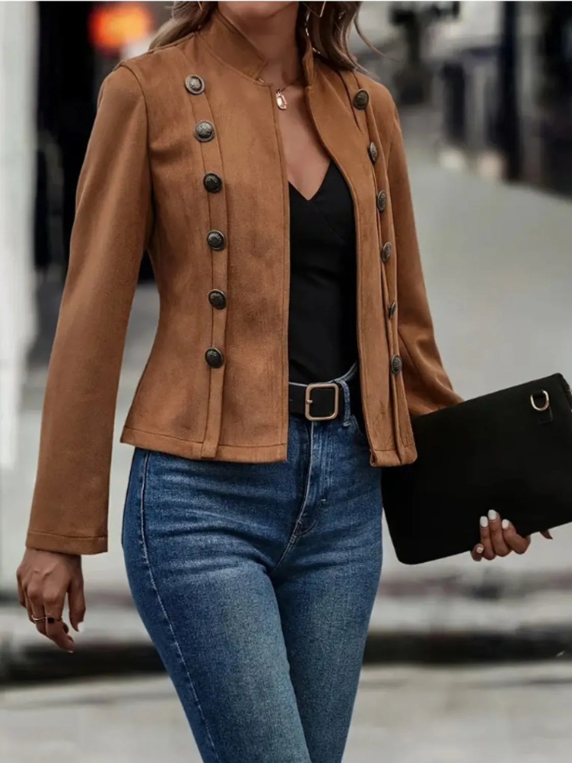 Decorative Button Open Front Long Sleeve Jacket S-2XL