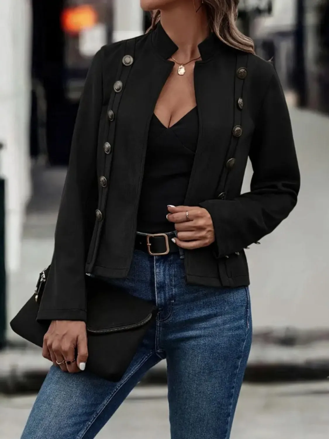 Decorative Button Open Front Long Sleeve Jacket S-2XL
