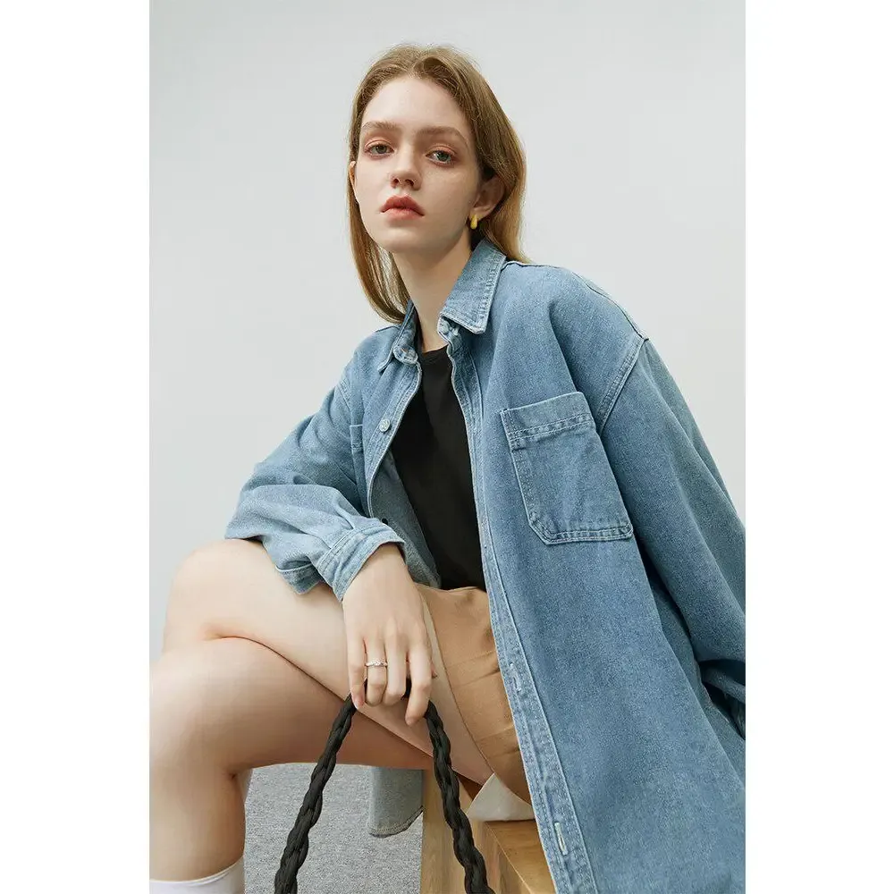Denim Blue Relaxed Fit Shirt with Button Fastening Y2K Style