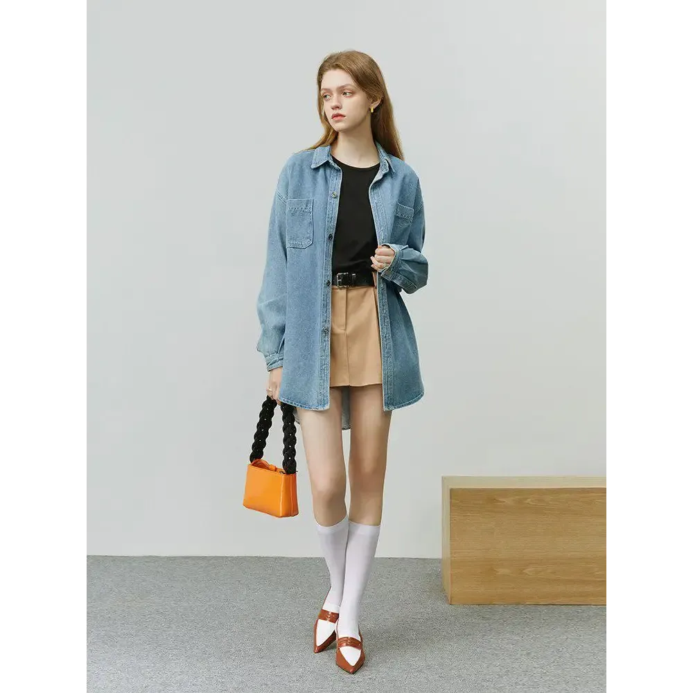 Denim Blue Relaxed Fit Shirt with Button Fastening Y2K Style