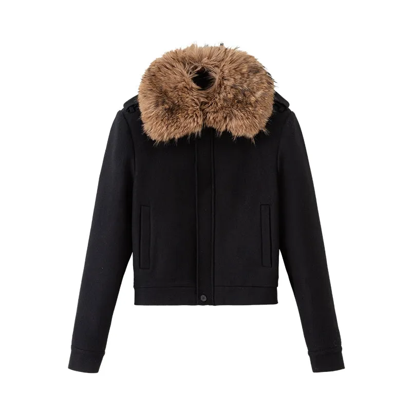 Detachable Fur Collar Black Wool Jacket