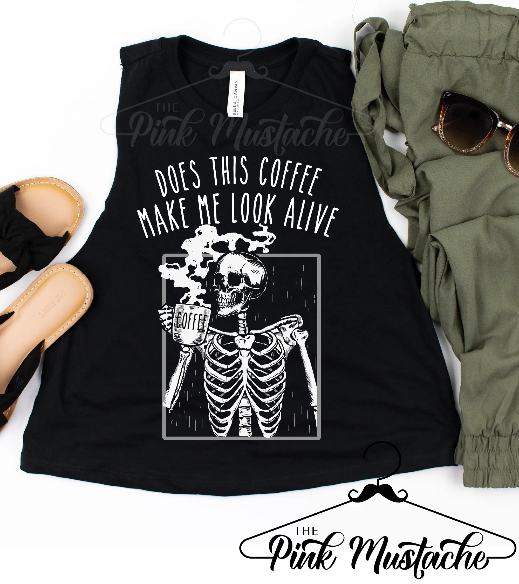 Does This Coffee Make Me Look Alive Funny Skeleton Cropped Tank / Fall Tees/ Mom Life Bella Cropped Tank
