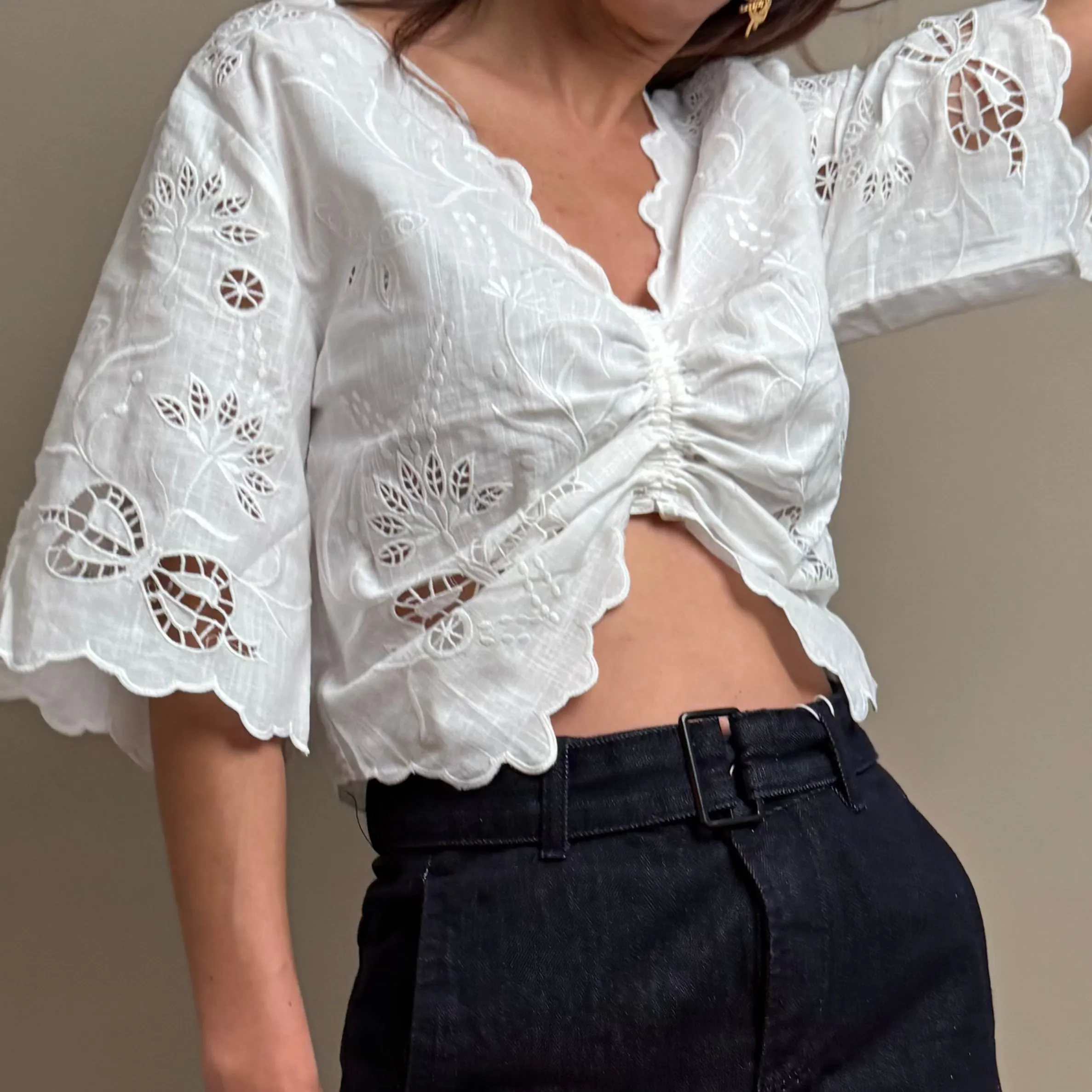 Drawstring Embroidered Top