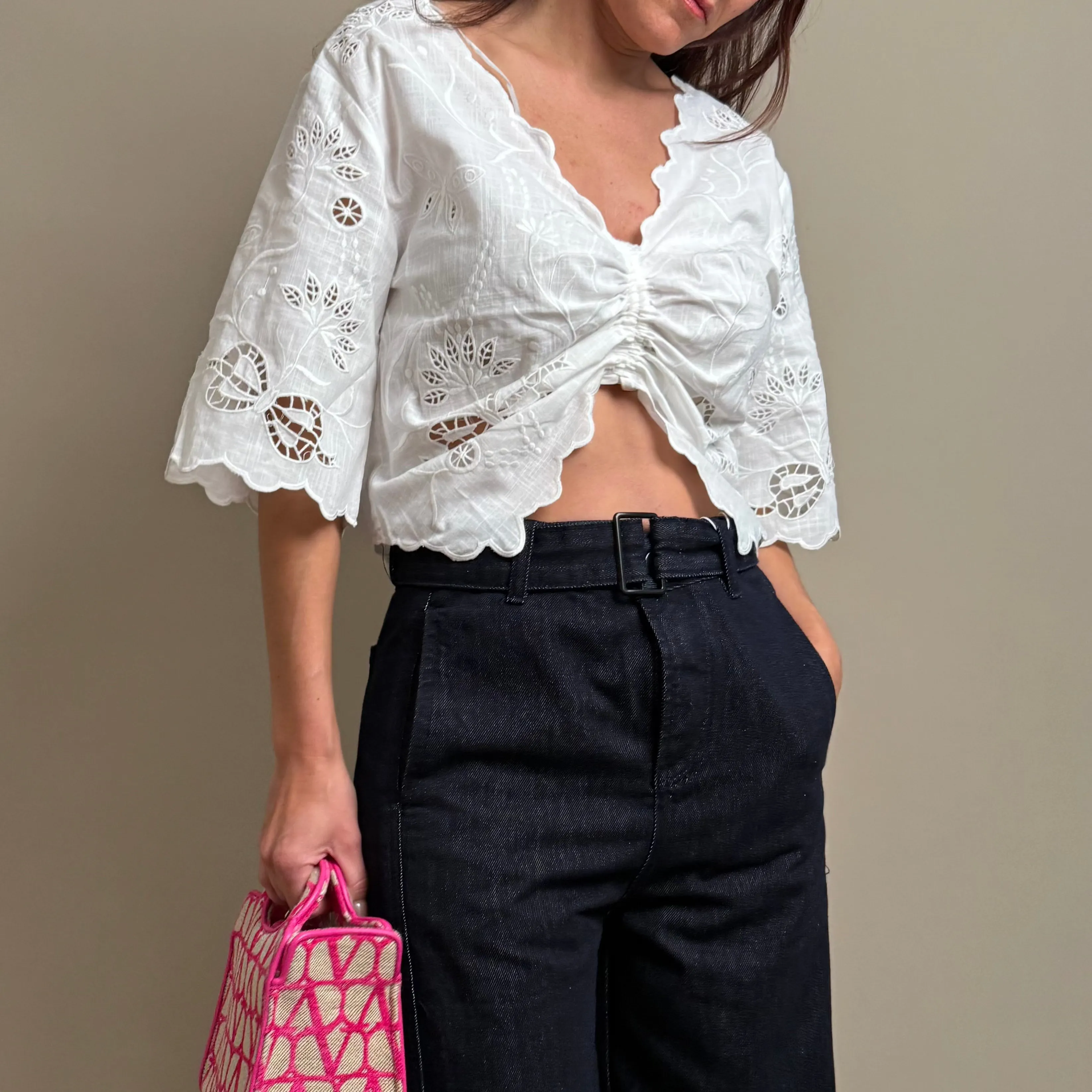 Drawstring Embroidered Top