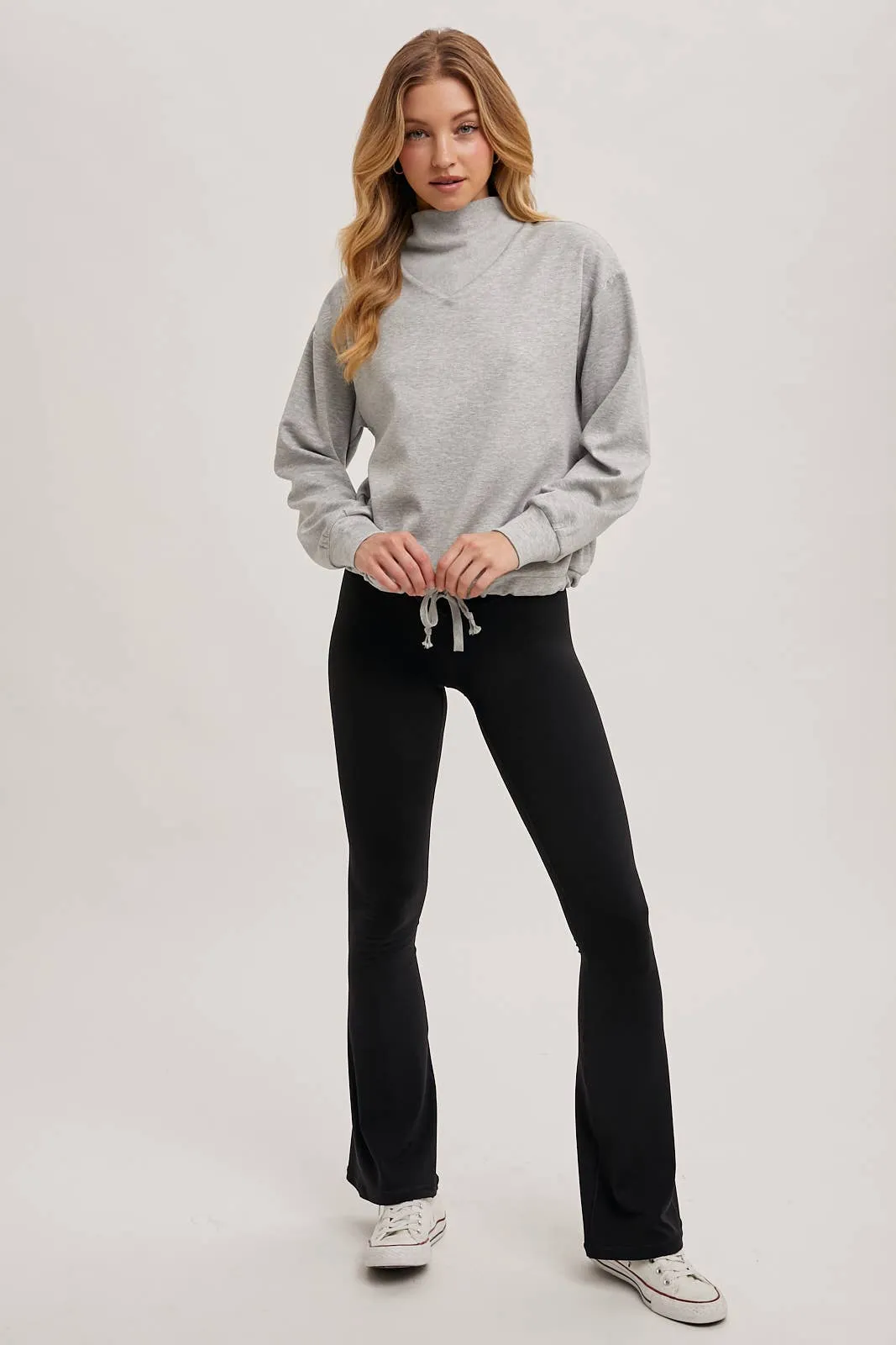 Drawstring Waist Mock Neck Knit Pullover