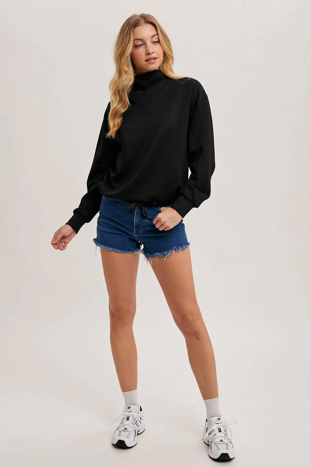 Drawstring Waist Mock Neck Knit Pullover