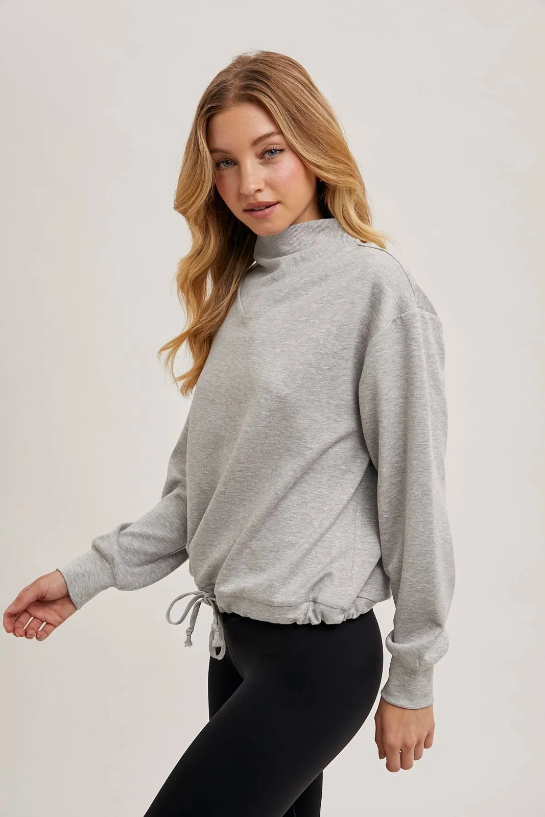 Drawstring Waist Mock Neck Knit Pullover