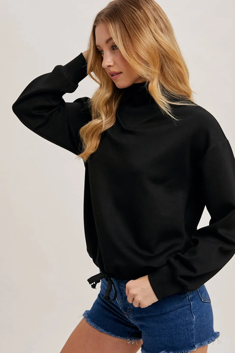 Drawstring Waist Mock Neck Knit Pullover