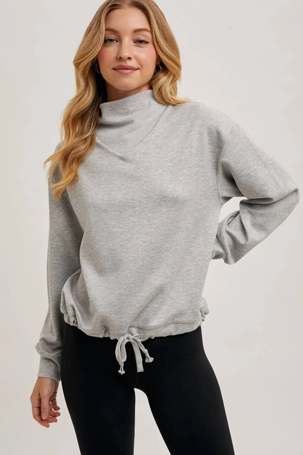 Drawstring Waist Mock Neck Knit Pullover