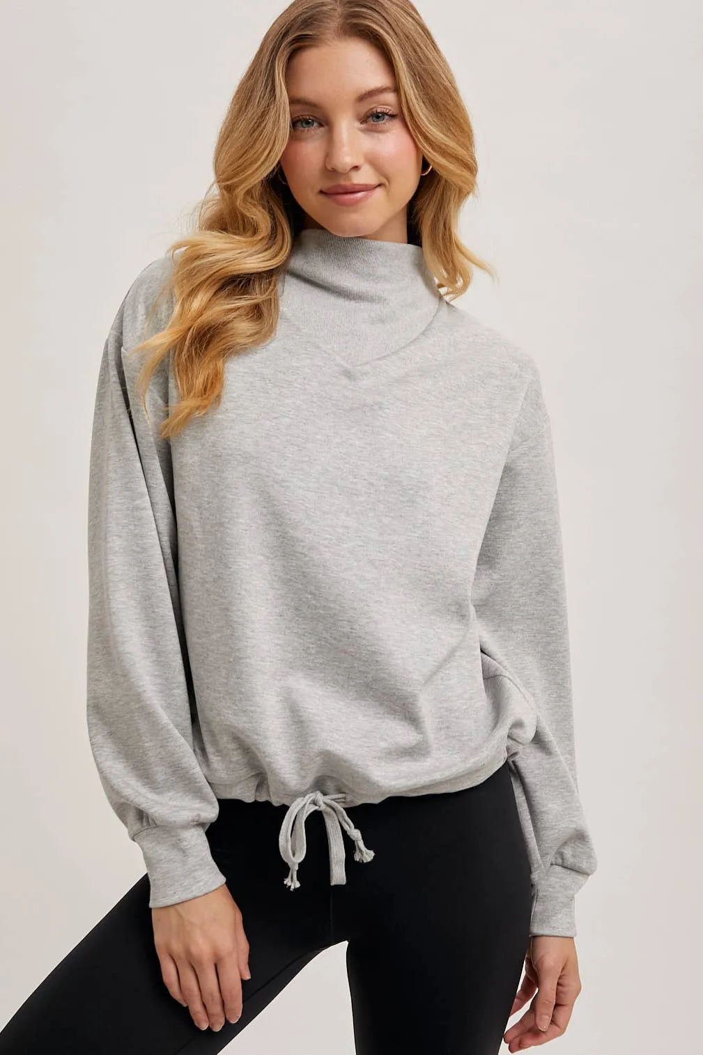 Drawstring Waist Mock Neck Knit Pullover