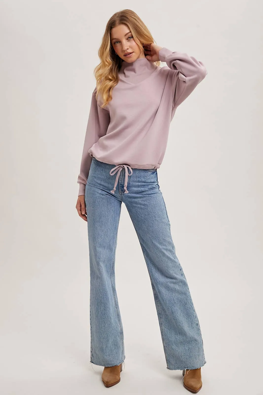 Drawstring Waist Mock Neck Knit Pullover