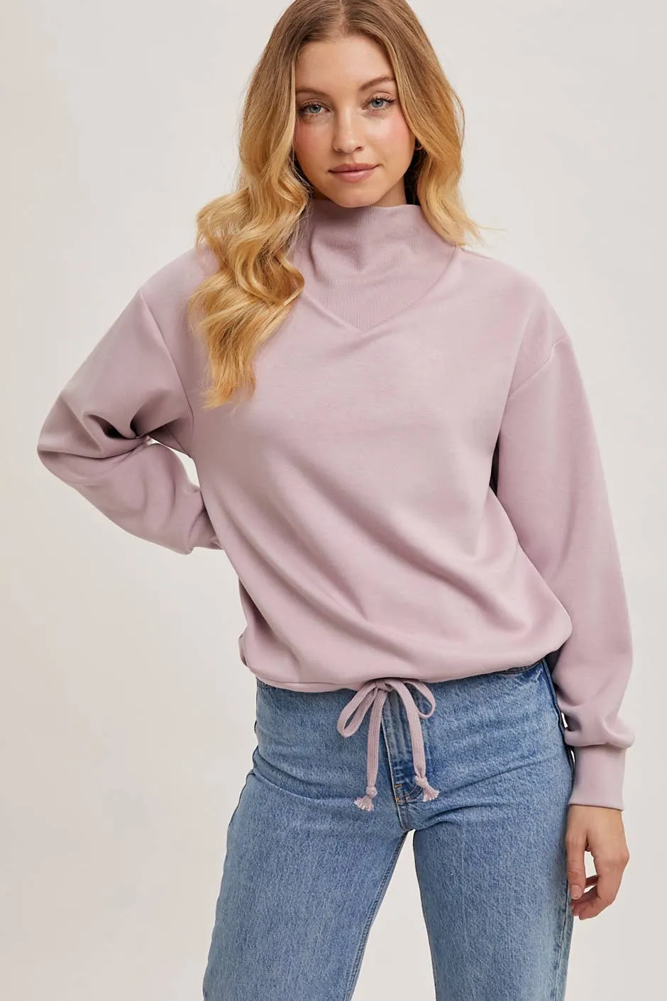 Drawstring Waist Mock Neck Knit Pullover