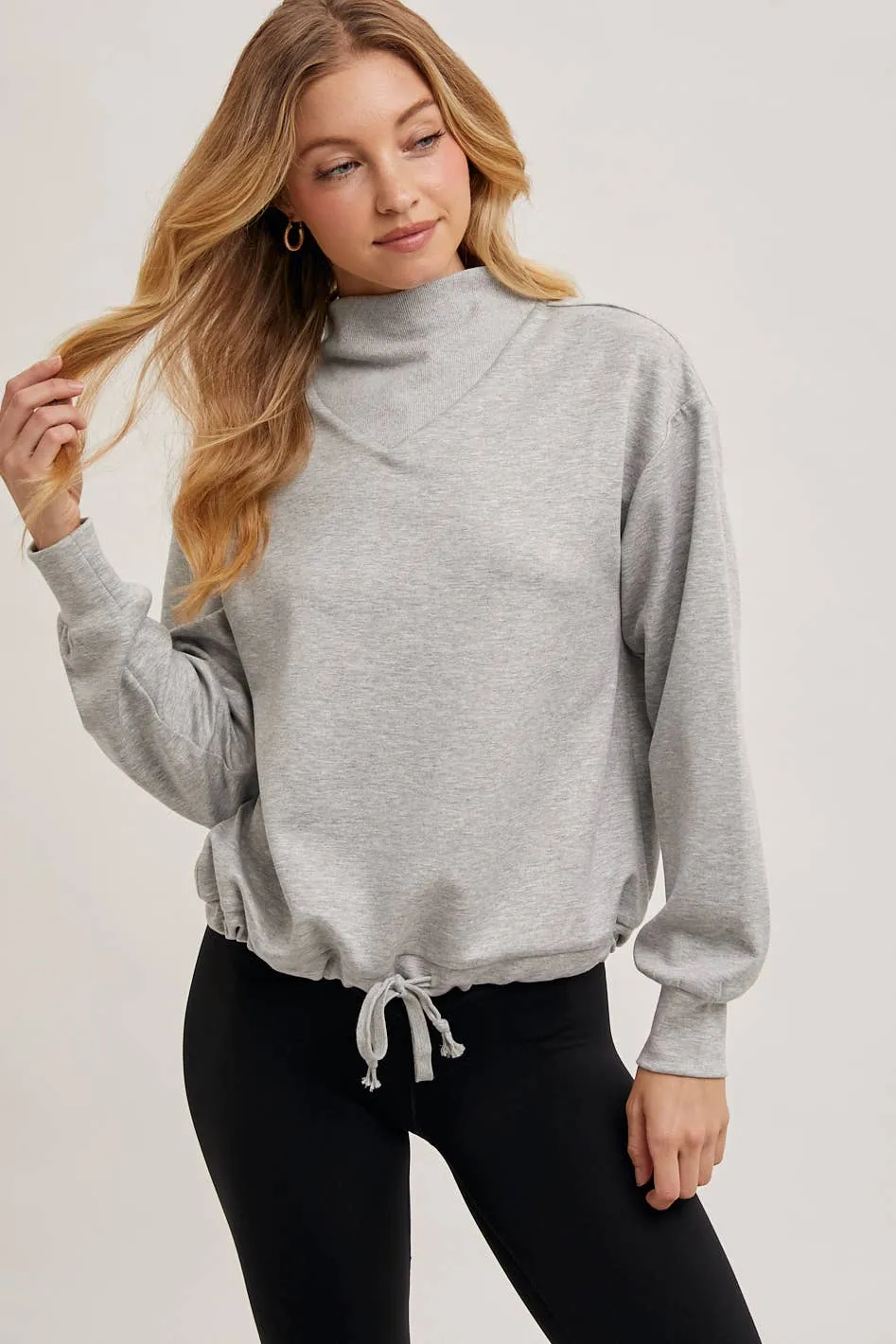 Drawstring Waist Mock Neck Knit Pullover
