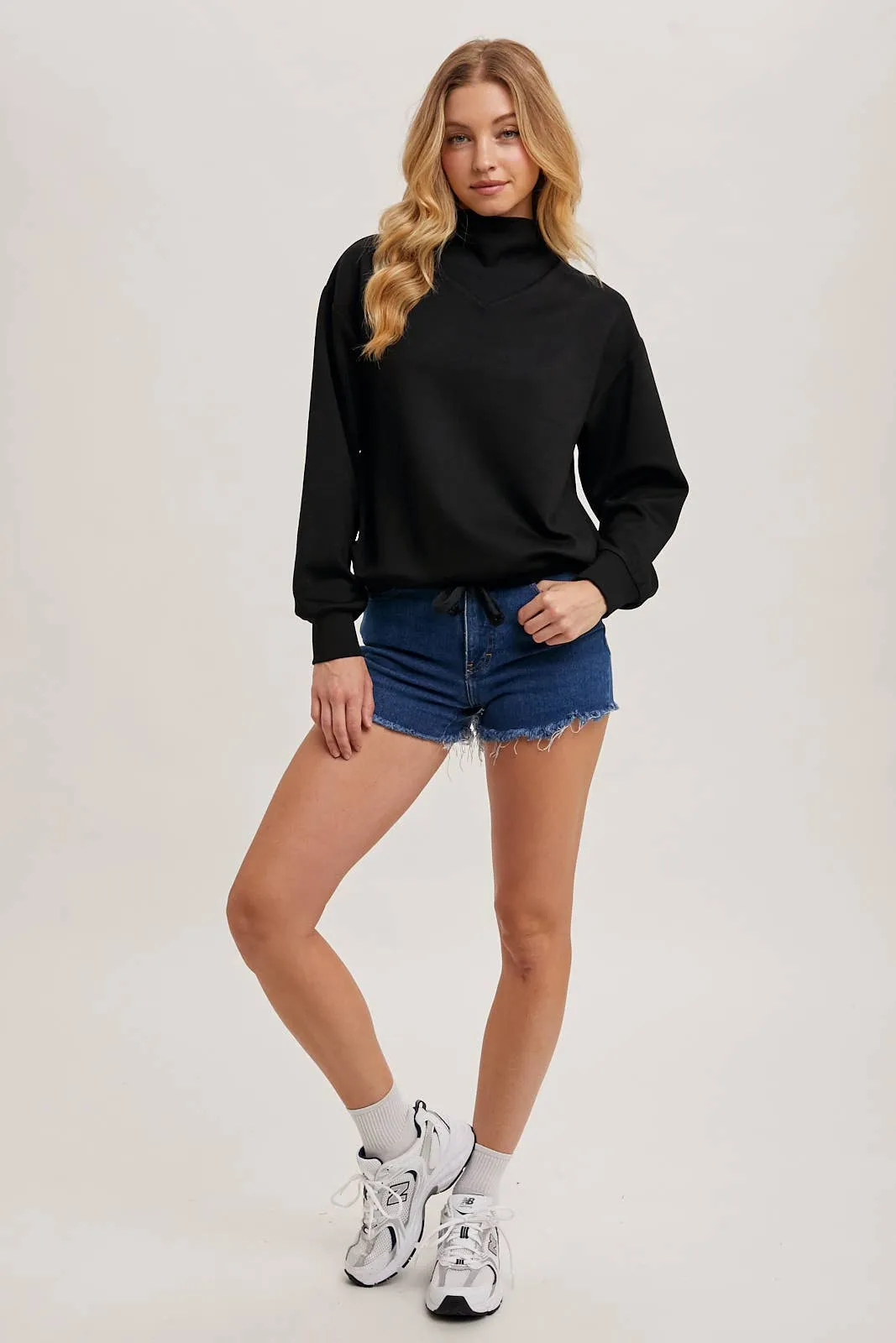 Drawstring Waist Mock Neck Knit Pullover