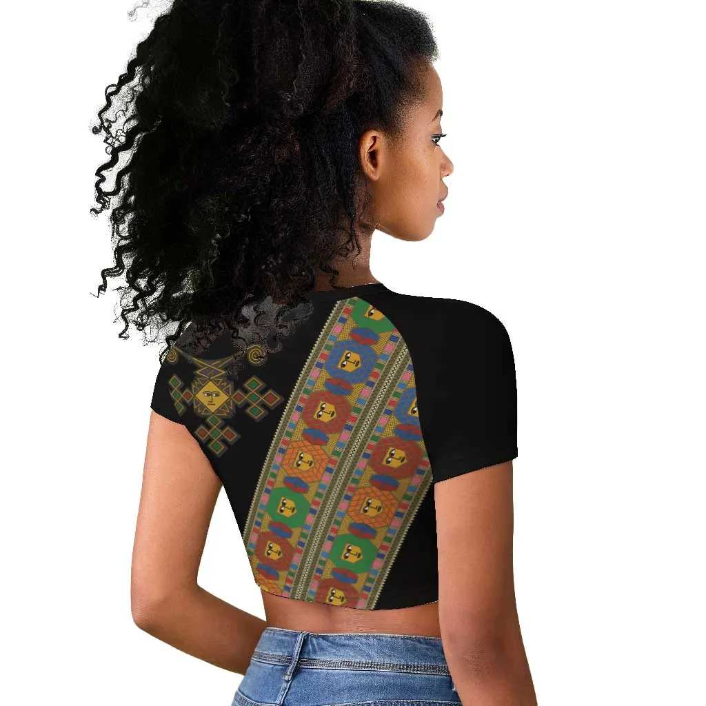 Ethiopia Saba Kemis Sash Style Raglan Cropped T shirt Black Color LT15