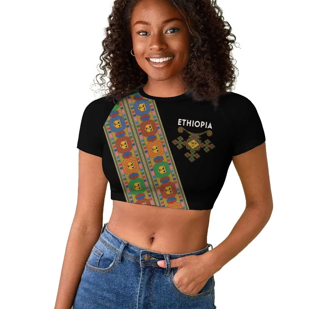 Ethiopia Saba Kemis Sash Style Raglan Cropped T shirt Black Color LT15