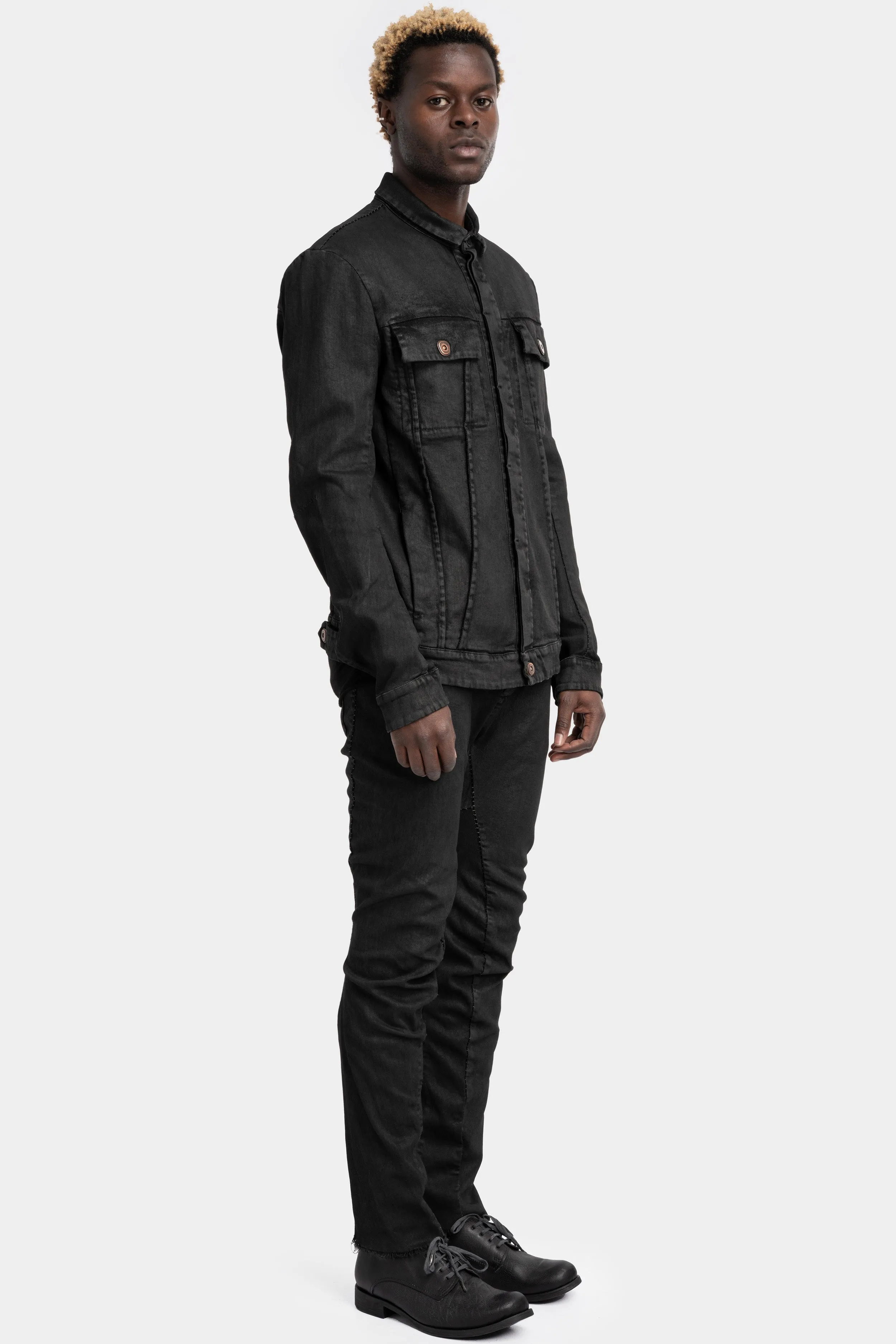 External seams denim jacket, Leather effect