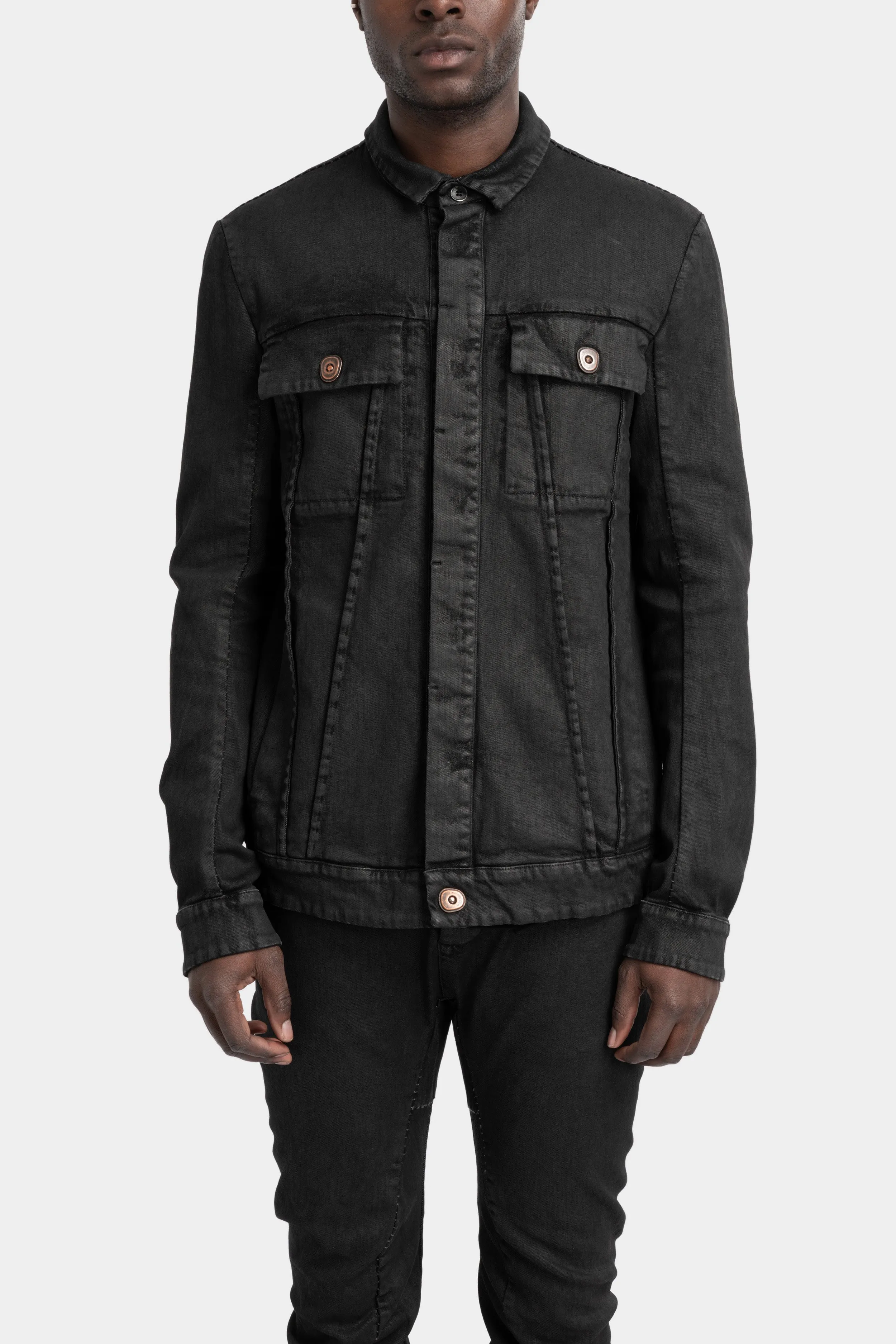 External seams denim jacket, Leather effect
