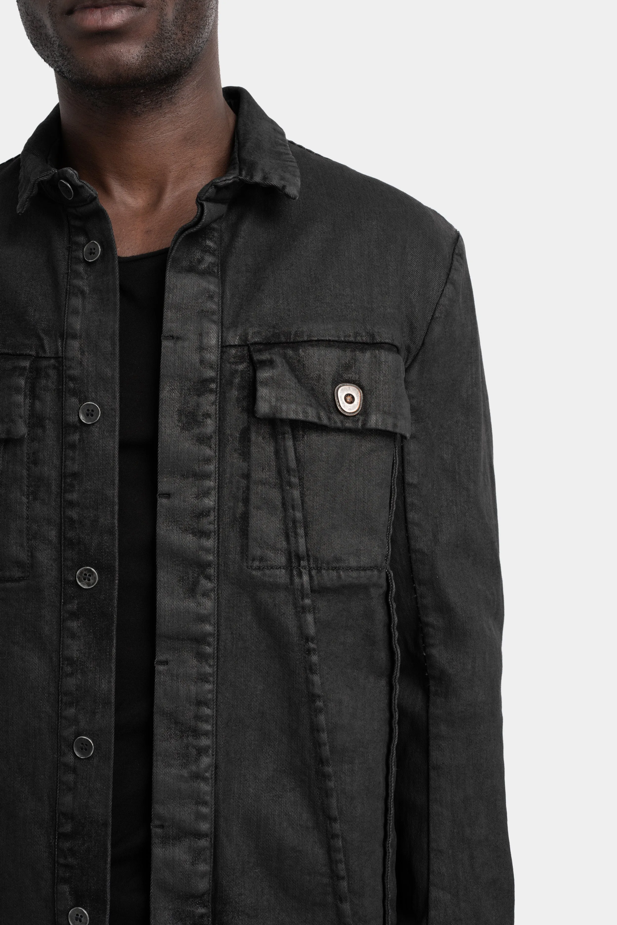 External seams denim jacket, Leather effect