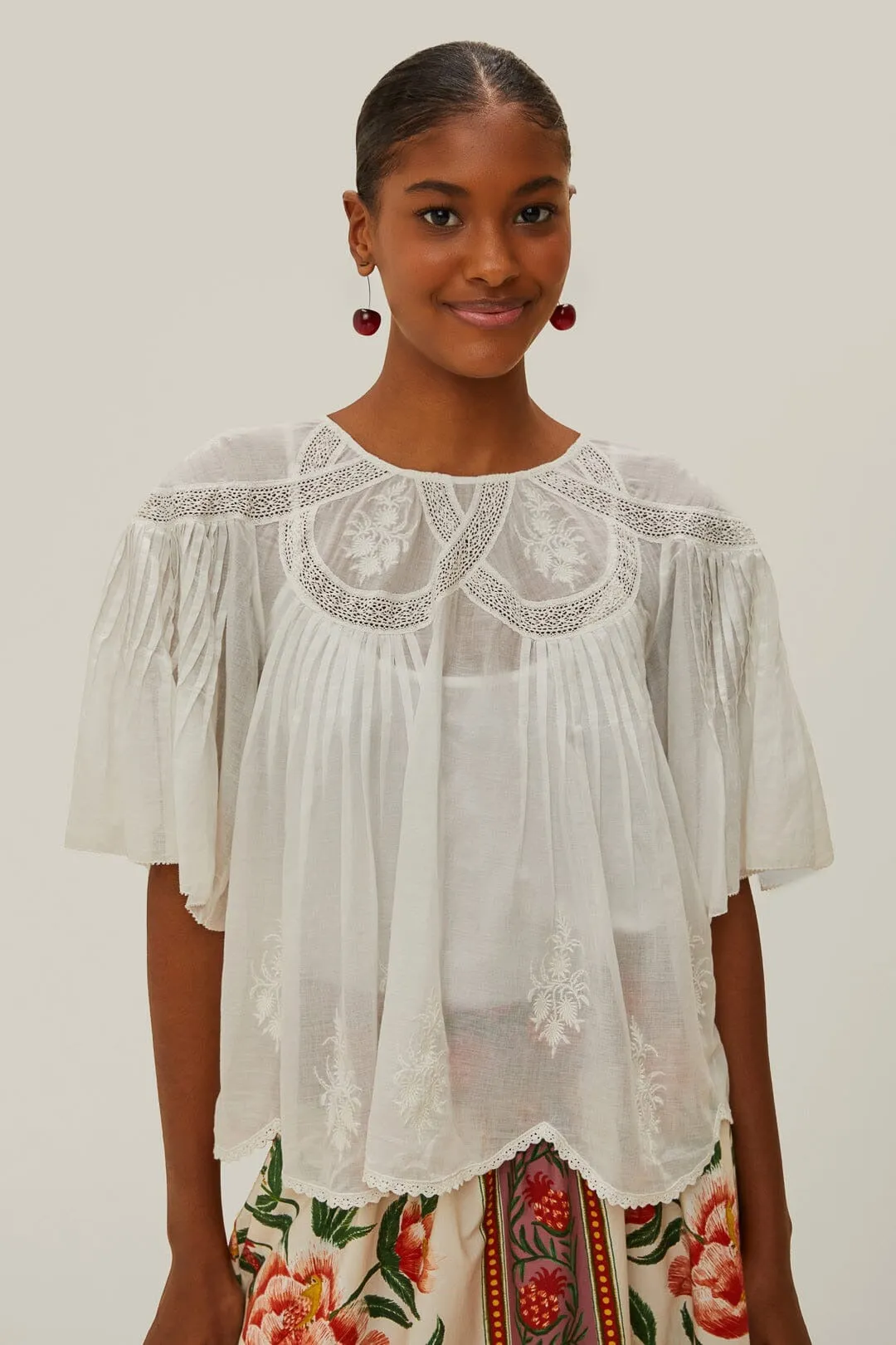 Farm Rio Off-White Embroidered Short Sleeve Blouse in