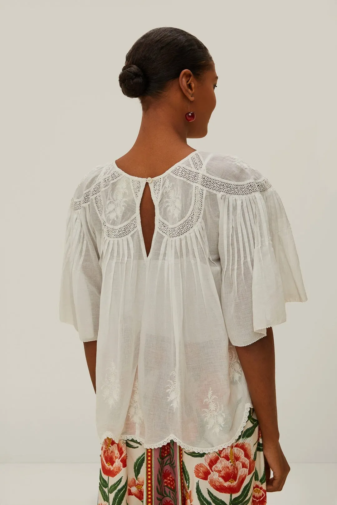 Farm Rio Off-White Embroidered Short Sleeve Blouse in