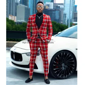 Fashion Check Plaid Red Men Suits Slim Fit Notached Lapel 2 Pieces