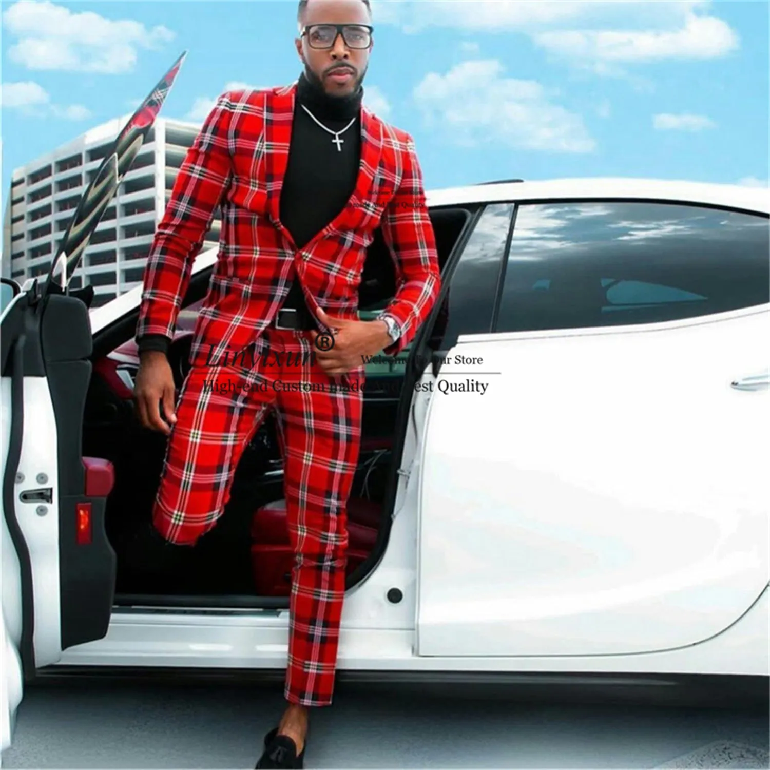 Fashion Check Plaid Red Men Suits Slim Fit Notached Lapel 2 Pieces