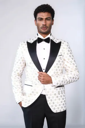 Floral Patterned Peak Lapel White Men Prom Blazer - Wessi