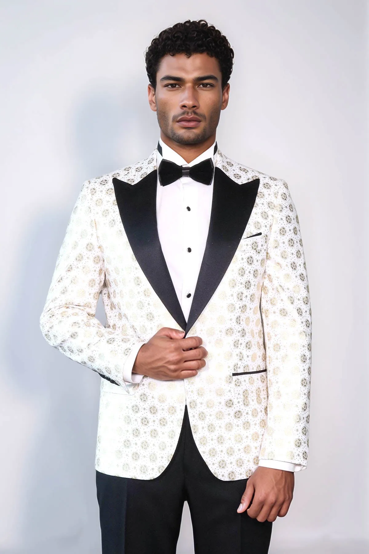 Floral Patterned Peak Lapel White Men Prom Blazer - Wessi