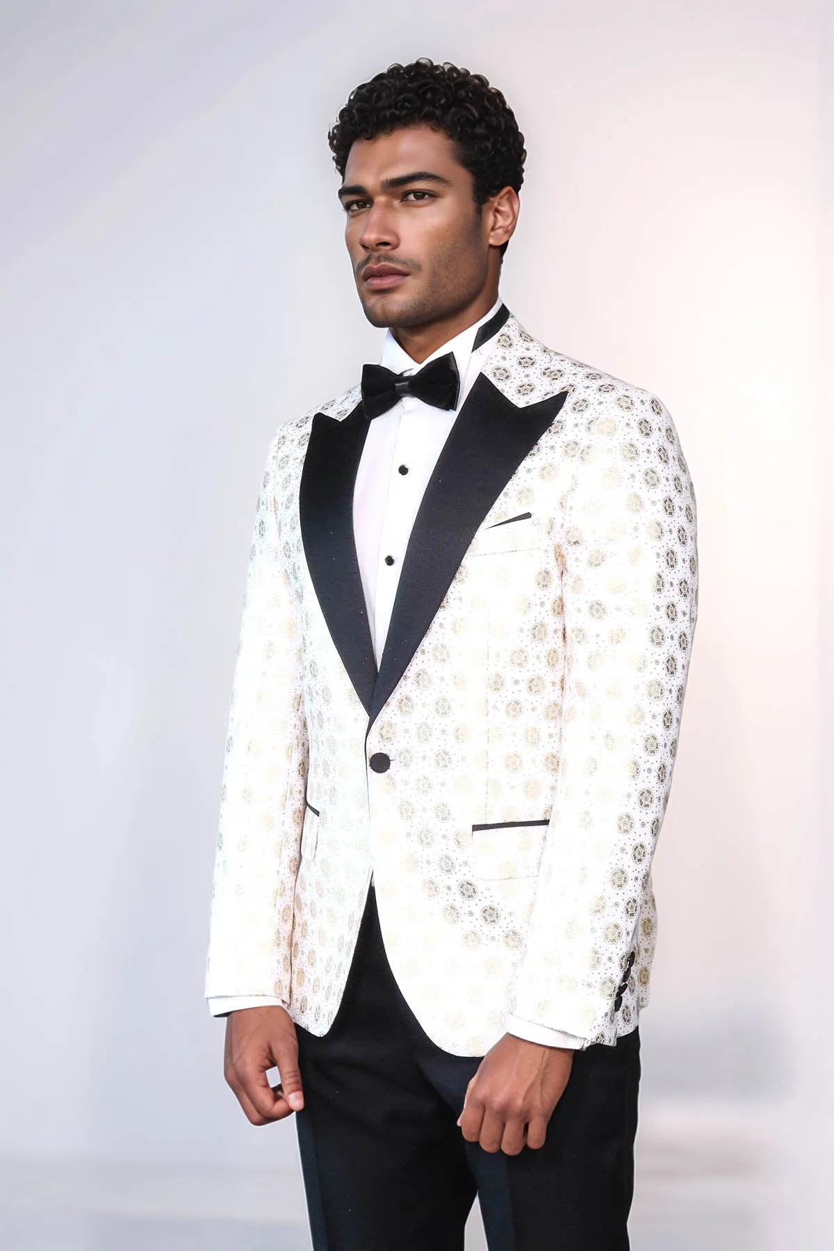 Floral Patterned Peak Lapel White Men Prom Blazer - Wessi