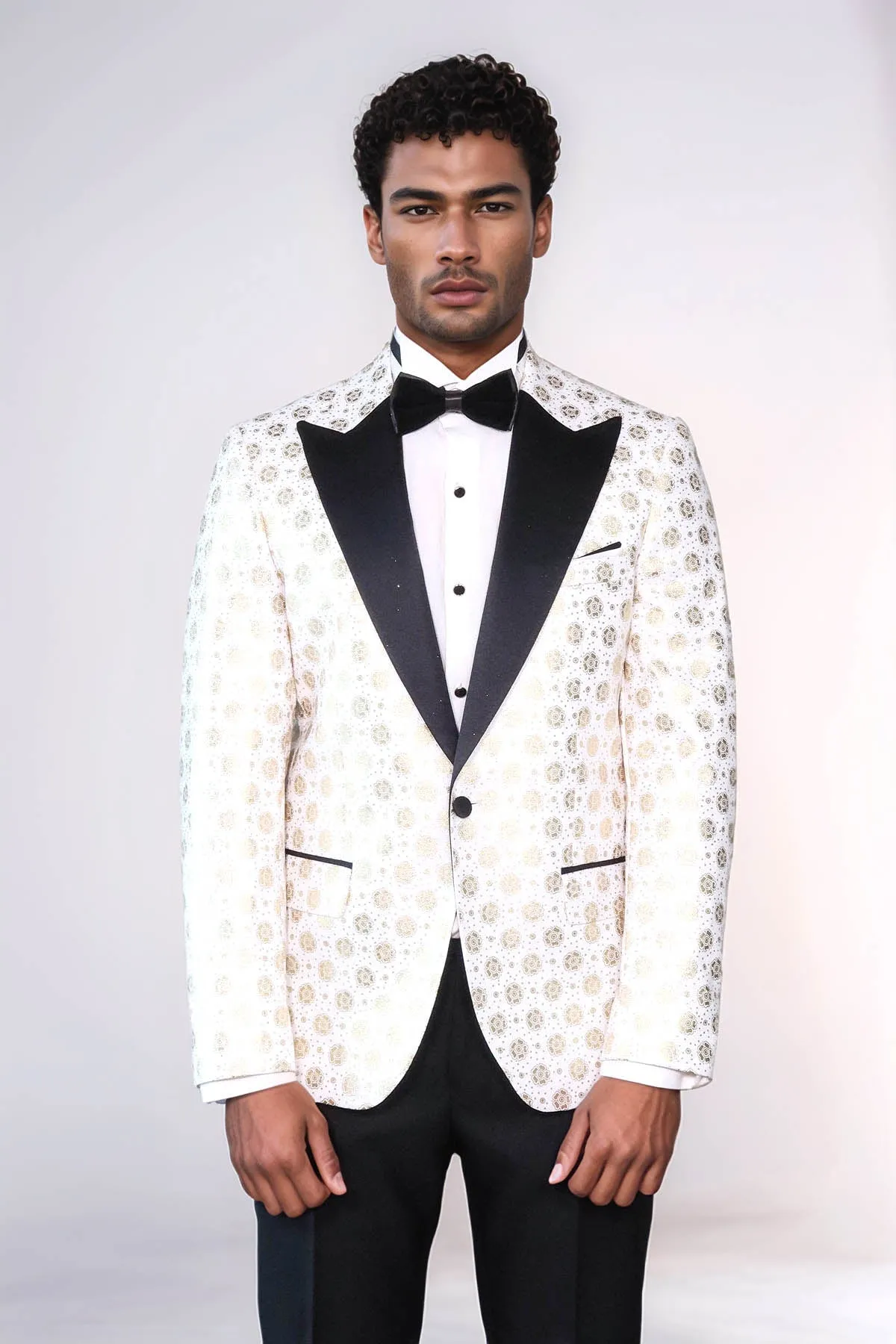 Floral Patterned Peak Lapel White Men Prom Blazer - Wessi
