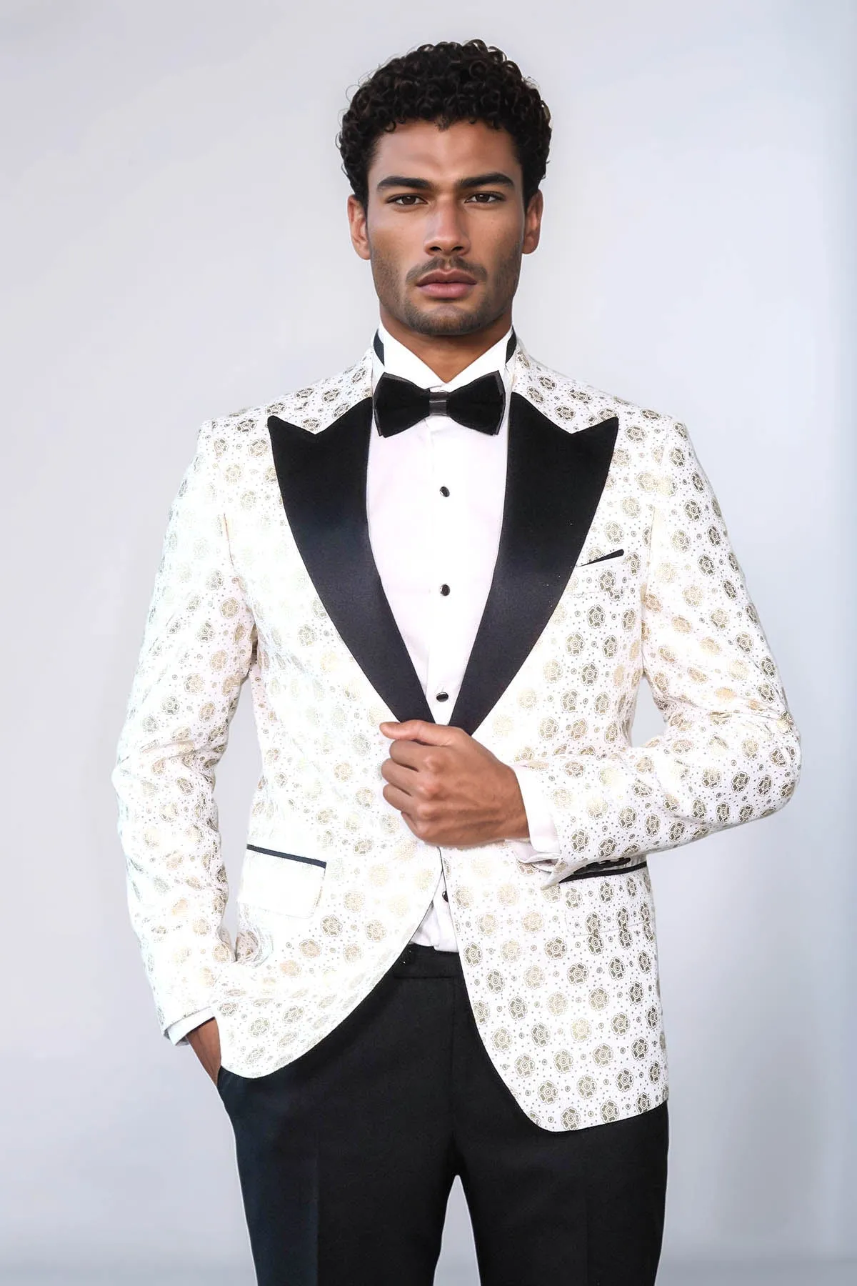 Floral Patterned Peak Lapel White Men Prom Blazer - Wessi