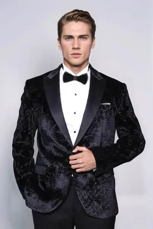 Floral Patterned Velvet Black Men Prom Blazer - Wessi