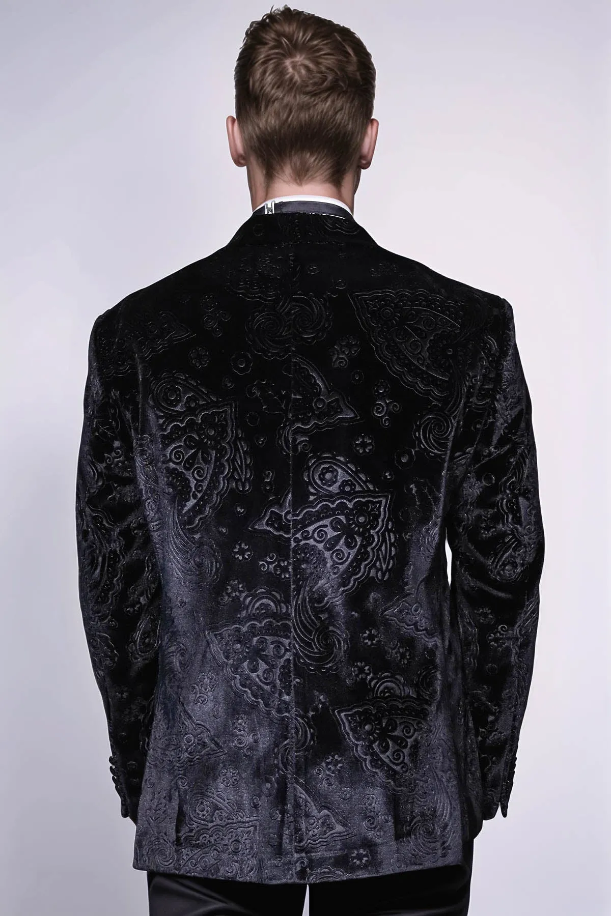 Floral Patterned Velvet Black Men Prom Blazer - Wessi