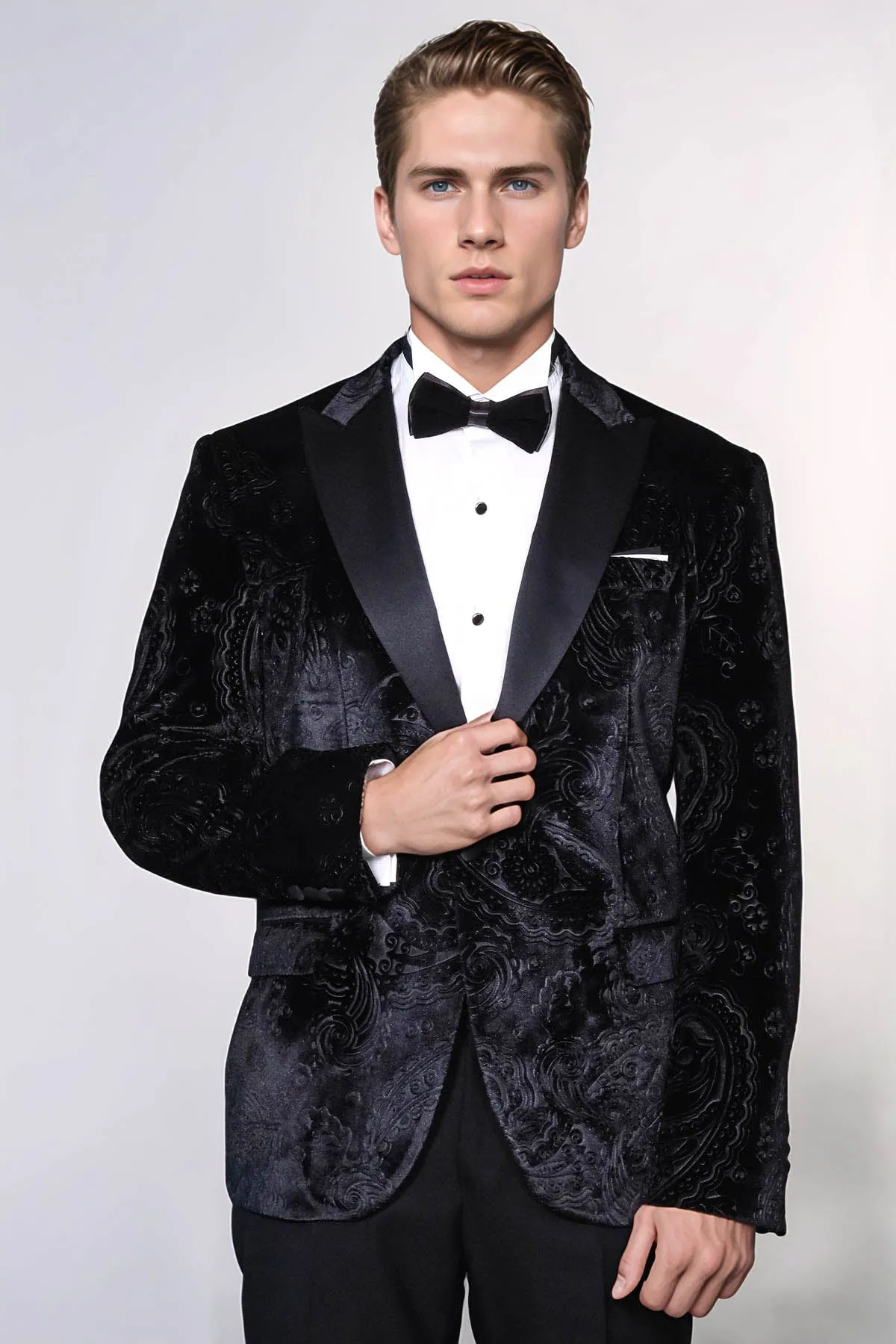 Floral Patterned Velvet Black Men Prom Blazer - Wessi