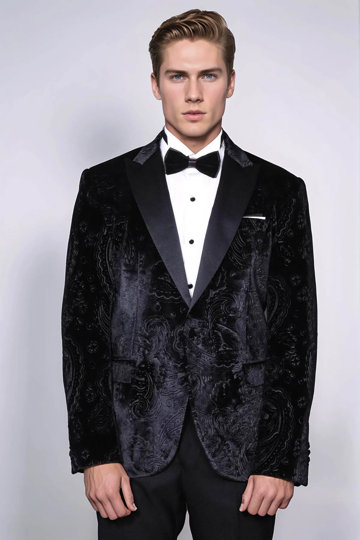 Floral Patterned Velvet Black Men Prom Blazer - Wessi