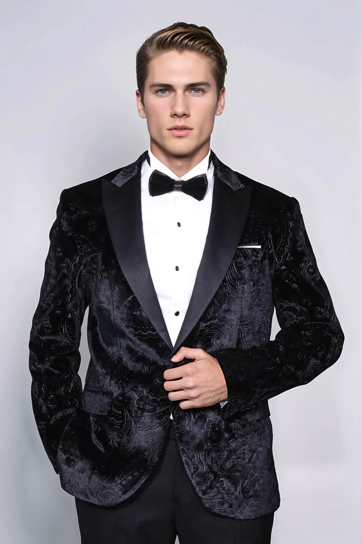 Floral Patterned Velvet Black Men Prom Blazer - Wessi