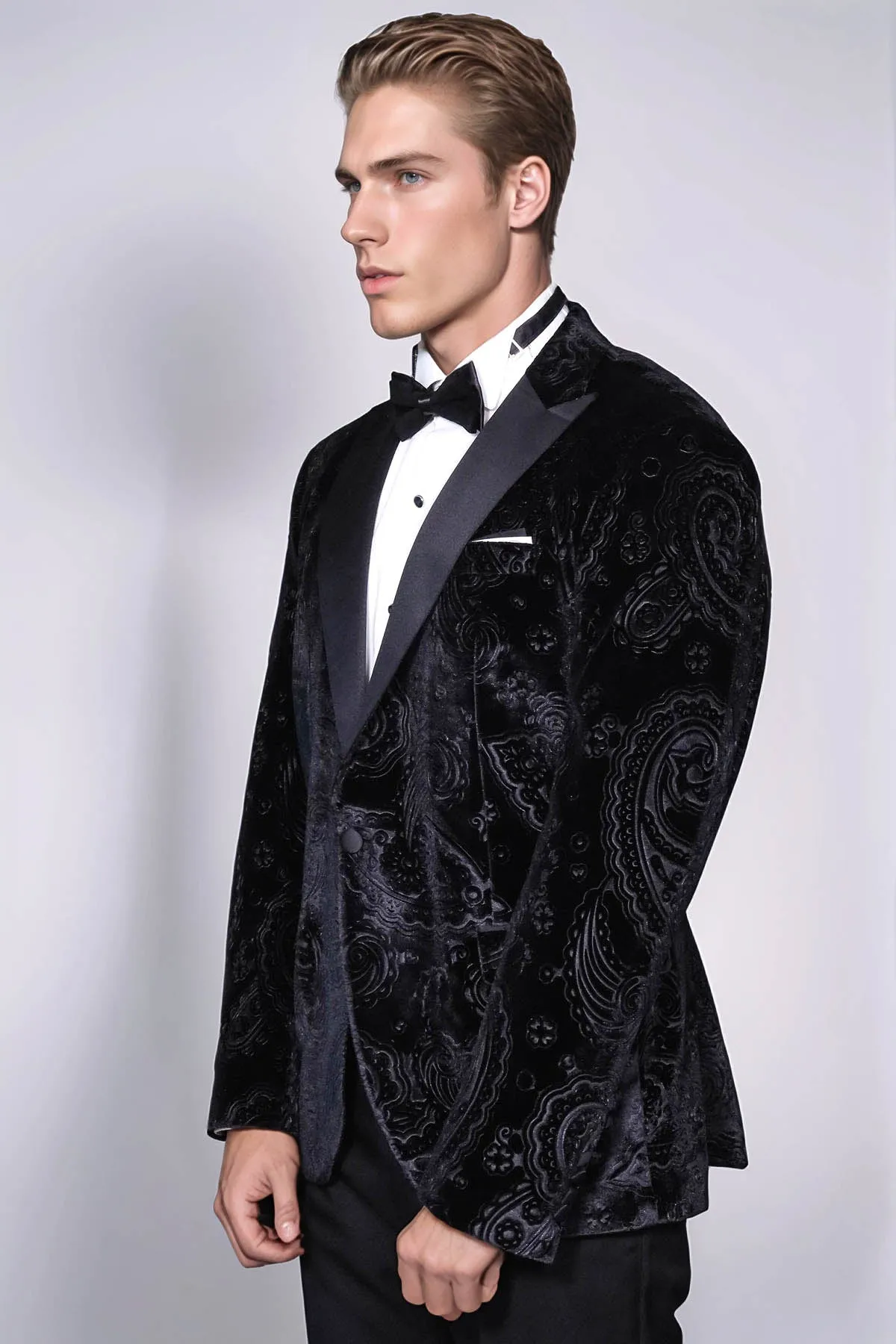 Floral Patterned Velvet Black Men Prom Blazer - Wessi