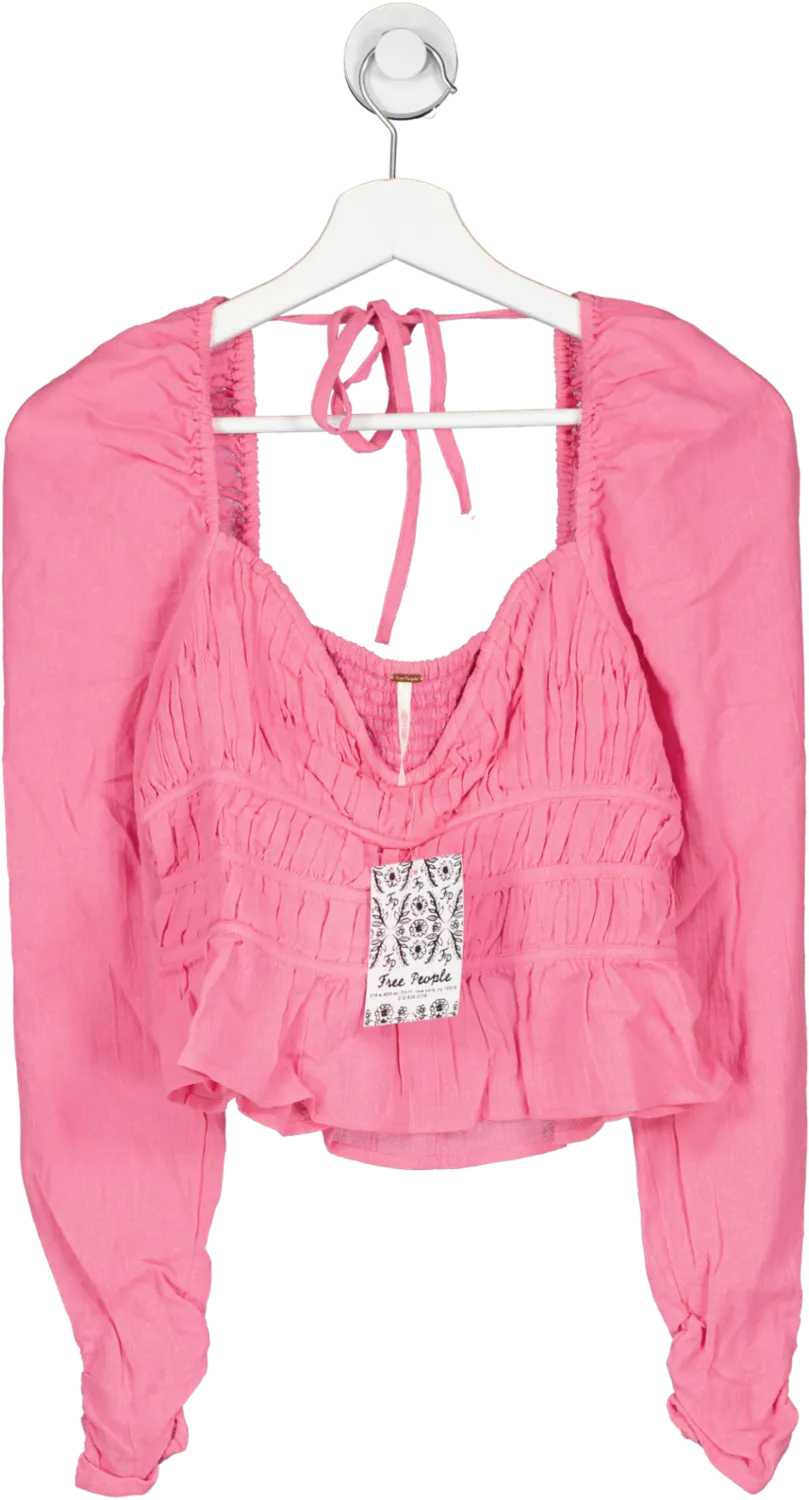 Free People Pink Ruched Blouse With Structured Sweetheart Neckline UK XS