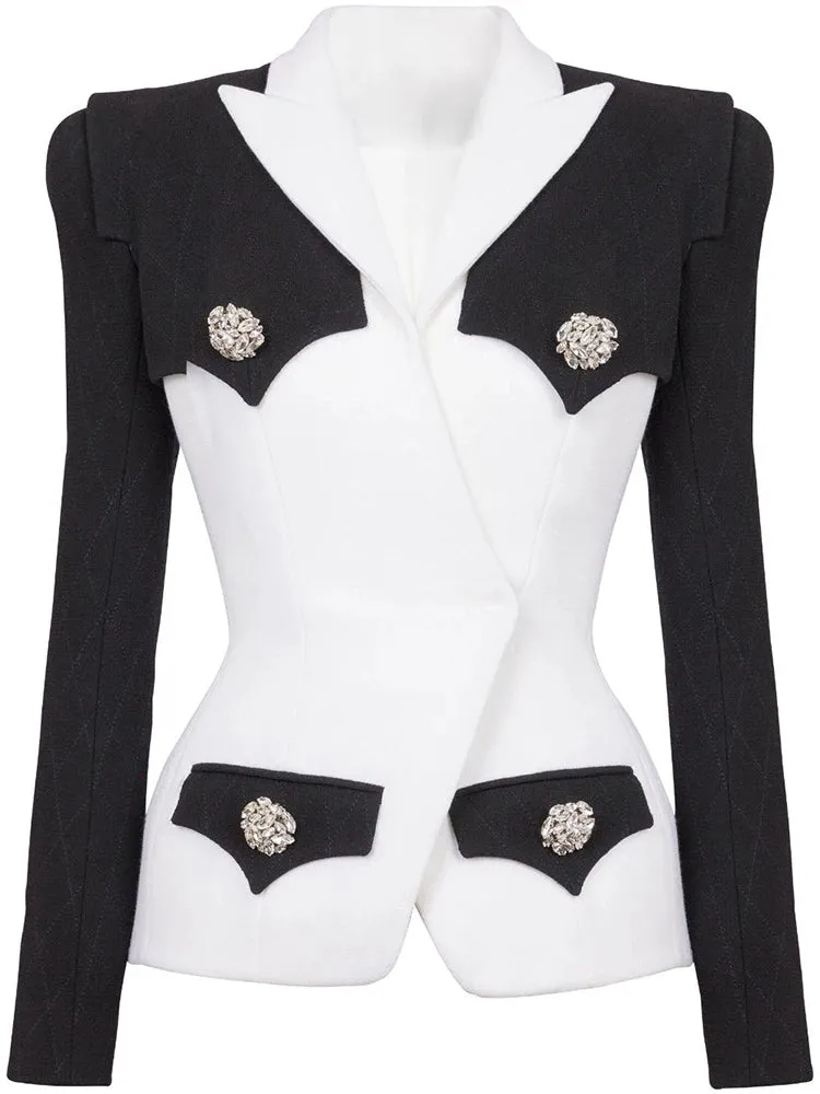 Fusion Designed Jacket Women' Slim Fitting Rhinestone Diamonds Buttons Block Blazer