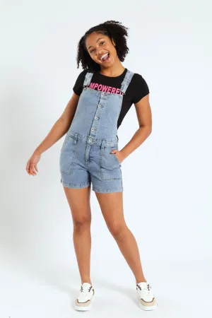 Girls Buttoned Dungaree - Light Blue
