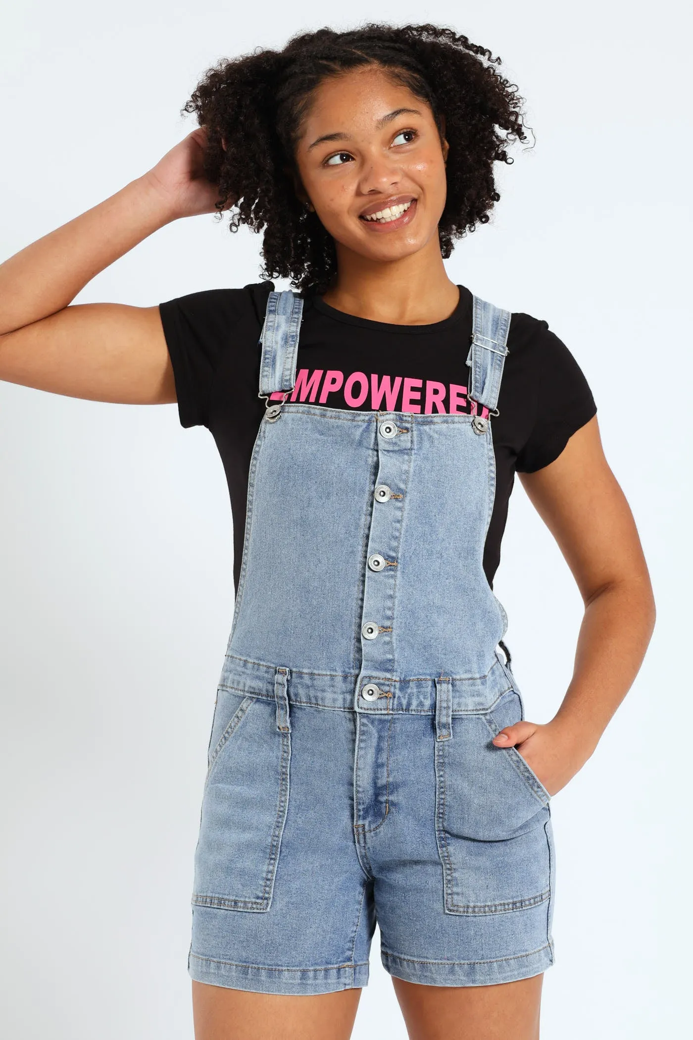 Girls Buttoned Dungaree - Light Blue