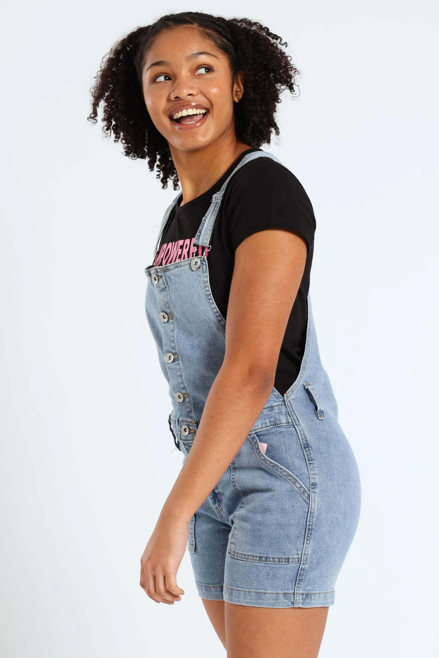 Girls Buttoned Dungaree - Light Blue