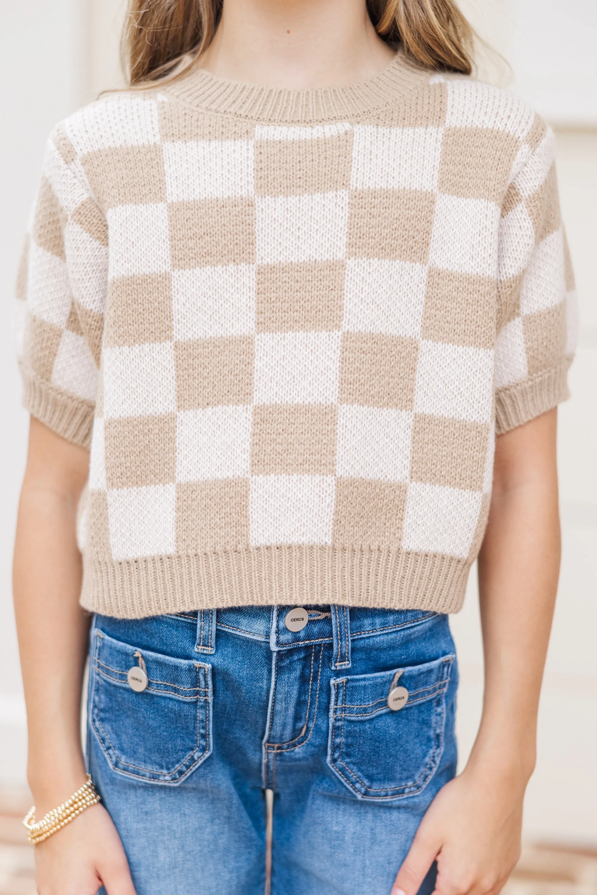 Girls: Love Like That Latte Brown Checkered Crop Sweater