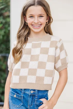 Girls: Love Like That Latte Brown Checkered Crop Sweater