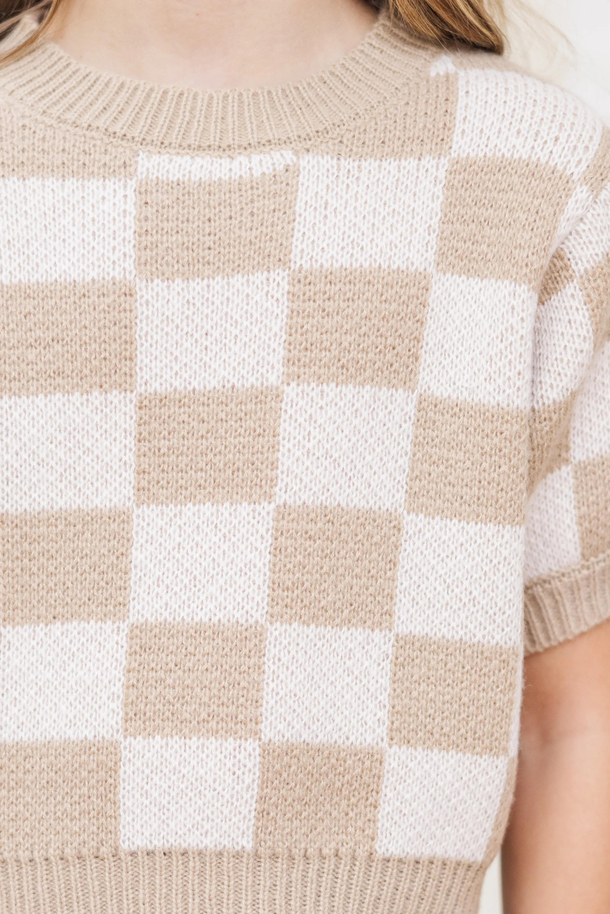 Girls: Love Like That Latte Brown Checkered Crop Sweater